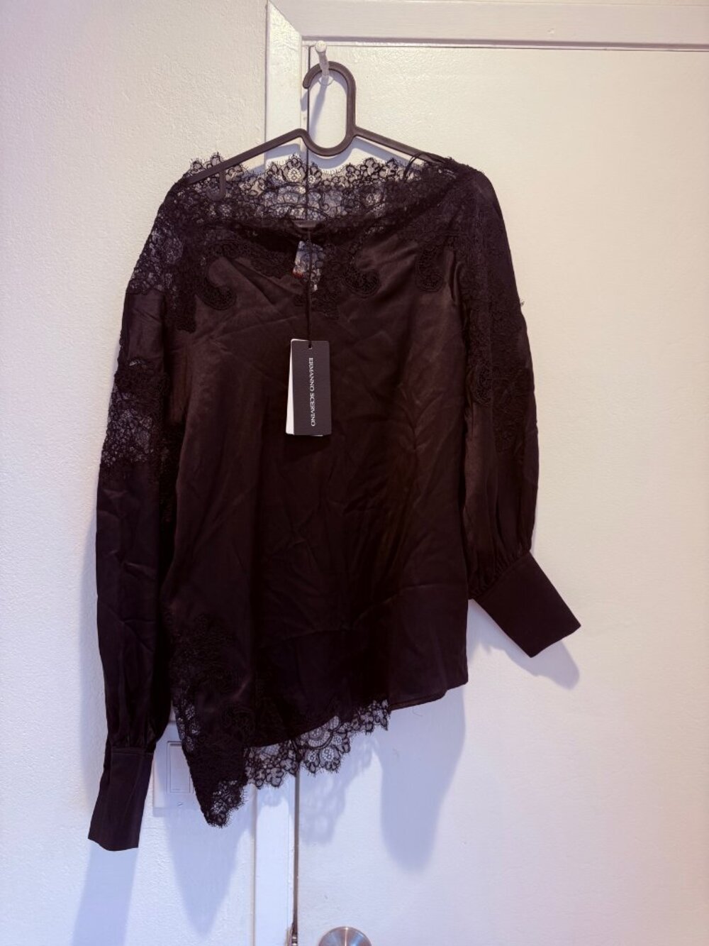 Ermanno Scervino Black Silk Blouse NWT 42 US 6 Lace Yoke Long Sleeve